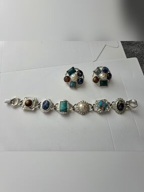 Multistone Pearl Accent Silver-Tone Bracelet and Clip-On Earrings Set